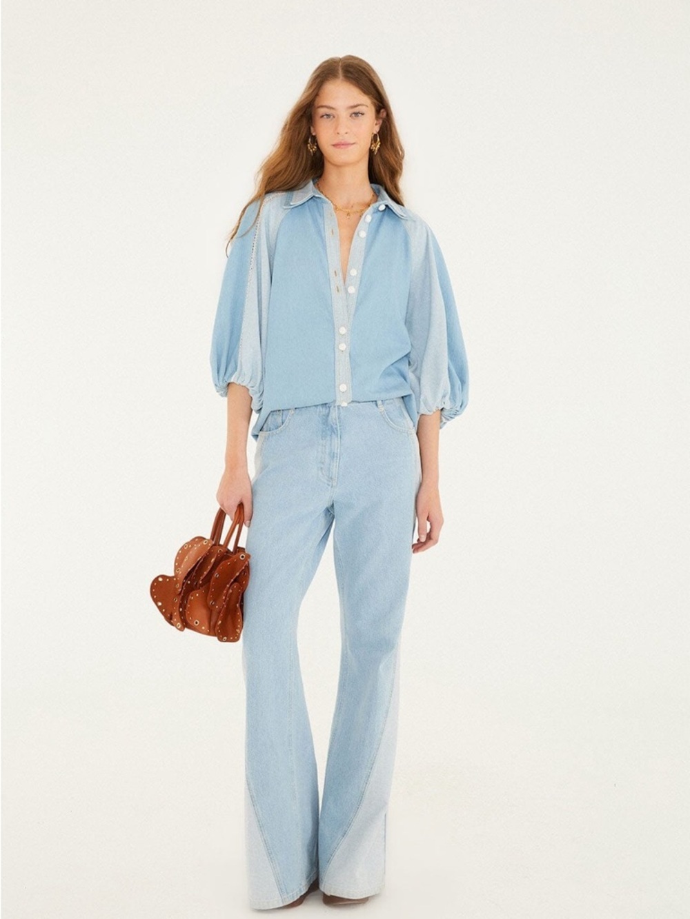 Farm Rio: Denim Bicolor Puff Sleeve Shirt